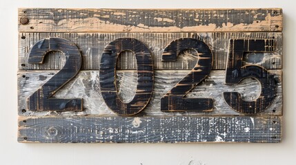 Dark oiled wooden number 2025 shape isolated on white background for design and decoration