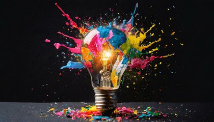 Creative light bulb explodes with colorful paint splashes and shards of glass on a black background. Think differently creative idea concept. Dry paint splatter. Brainstorm and think - obrazy, fototapety, plakaty