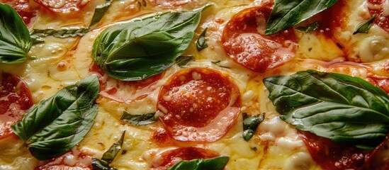 A close-up view showcasing a hot pepperoni pizza topped with vibrant green basil leaves, highlighting the delicious ingredients on the pizza.