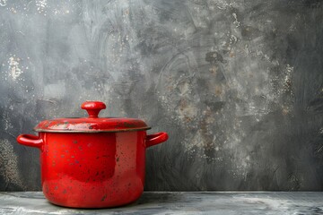 Red kitchen pot on grey surface