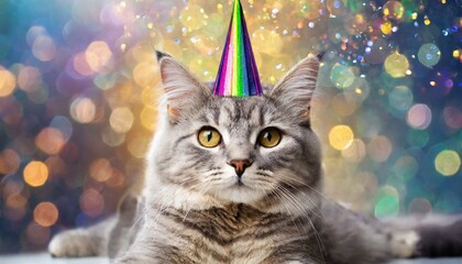 Cute cat with rainbow unicorn horn on blurred sparkling background