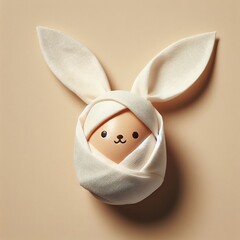  Chicken egg wrapped in napkin as Easter bunny form on beige background created with generative ai.