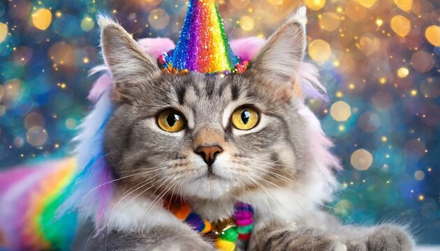 Cute cat with rainbow unicorn horn on blurred sparkling background - Powered by Adobe