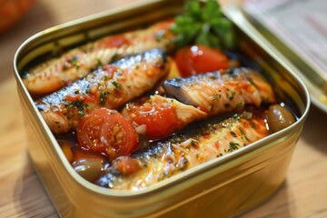 Sardine can with tomatoes and olives