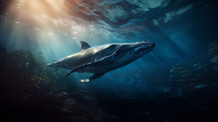 Fototapeta premium Craft a visual narrative set in a cinematically styled deep blue sea. Envision a colossal blue whale gliding through the water, illuminated by sunbeams that penetrate the ocean's surface