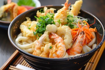 Seafood and mixed vegetable tempura served with udon noodles