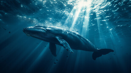 Craft a visual narrative set in a cinematically styled deep blue sea. Envision a colossal blue whale gliding through the water, illuminated by sunbeams that penetrate the ocean's surface - obrazy, fototapety, plakaty