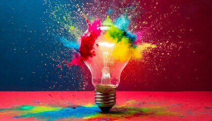 Creative concept light bulb explodes with colorful water colors on a light red background. Think different, creative idea. Productivity and creativity - obrazy, fototapety, plakaty