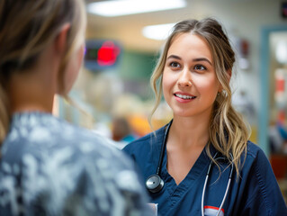 Mulher enfermeira conversa com outra profissional da área no ambiente hospitalar - obrazy, fototapety, plakaty