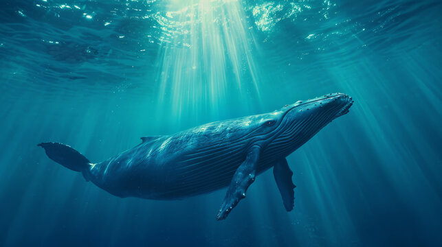 Craft a visual narrative set in a cinematically styled deep blue sea. Envision a colossal blue whale gliding through the water, illuminated by sunbeams that penetrate the ocean's surface