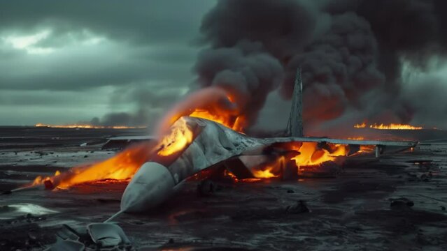 Destroyed modern fighter jet is burning with a black smoke on the airfield. War conception. Slow motion animation with zoom effect. High quality 4k footage