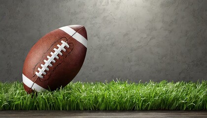 An american football ball standing over green grass in front of a gray wall.