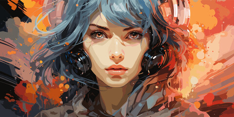 Portrait of anime cyber girls with huge light sword. Illustration in the retro style film. vector flat bright colors