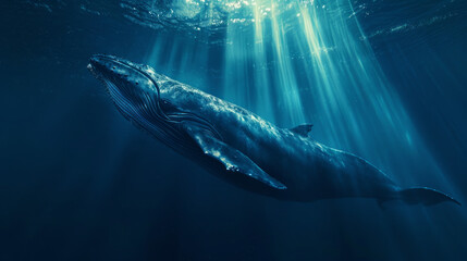 Craft a visual narrative set in a cinematically styled deep blue sea. Envision a colossal blue whale gliding through the water, illuminated by sunbeams that penetrate the ocean's surface - obrazy, fototapety, plakaty