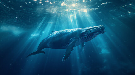 Craft a visual narrative set in a cinematically styled deep blue sea. Envision a colossal blue whale gliding through the water, illuminated by sunbeams that penetrate the ocean's surface