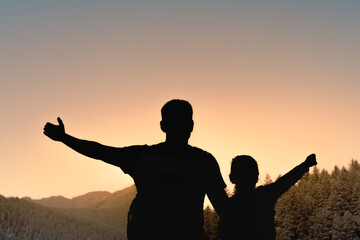 Happy Father a Child Outdoors Hiking Adventure Feeling Free in Nature 