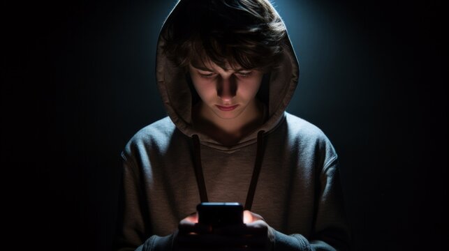 teenage boy with cell phone in the dark