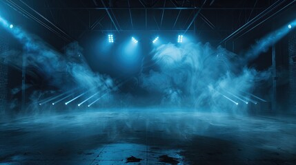 Bright stadium arena lights, Smoke bombs, empty dark scene, neon light, spotlights The concrete floor and studio room with smoke float up the interior texture, night view for display products