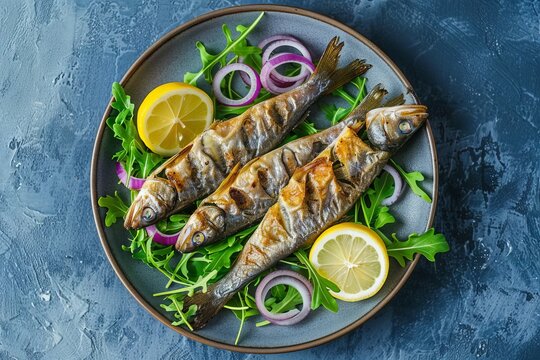 Serving of deep fried sardines with arugula salad lemon and white onion on a blue background Small oily fish from the herring family