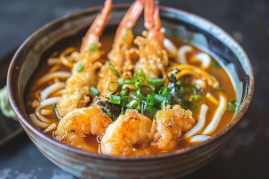 Shrimp tempura in curry based udon