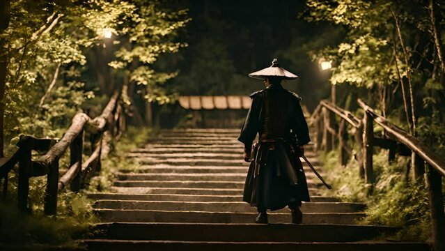 Japanese warrior samurai walk in forest footage. The terrifying ronin stands in the forest at night. Black silhouette of a Japanese shogun against the night forest. 