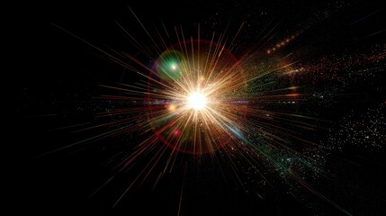 Fototapeta premium Easy to add lens flare effects for overlay designs or screen blending mode to make high-quality images. Abstract sun burst, digital flare, iridescent glare over black background.
