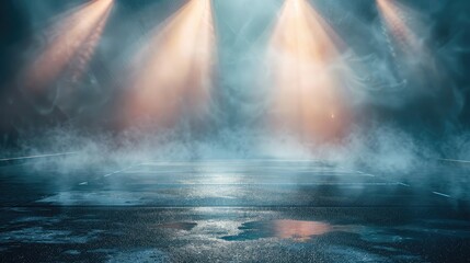 Empty street scene background with abstract spotlights light. Night view of street light reflected...