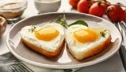 Fototapeta premium Heart-shaped fried eggs on plate