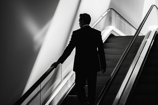 Silhouetted businessman descending escalator black and white photographic theme