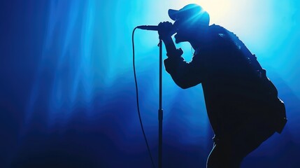 Silhouette of rap singer performing on stage. Bright blue background with hip hop artist performing...