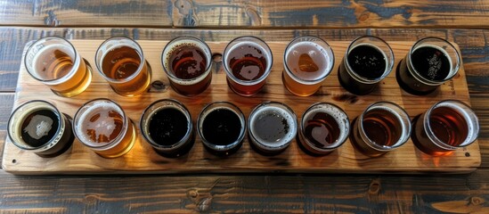 A wooden tray is filled with a variety of artisanal beers at a nearby brewery. The assortment includes different types of craft beers, each with distinct colors and labeling. This display showcases