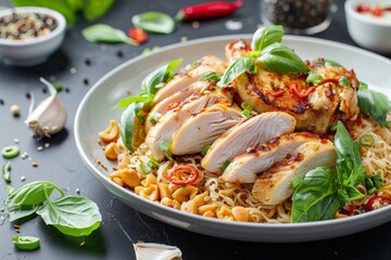 Spicy stir fried noodles with chicken and basil on a white plate - obrazy, fototapety, plakaty