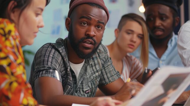 Young Man Discussing Market Research With Colleagues In A Meeting. Team Of Young Professionals Having A Meeting In Conference Room Looking At Documents