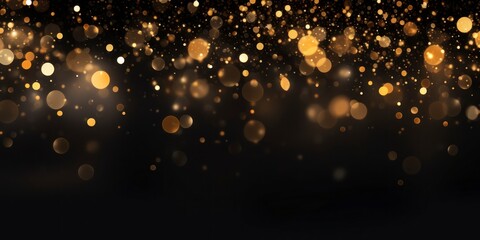 Golden glitter bokeh on black background. Holiday and celebration concept.