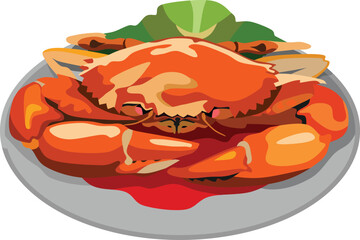 Boiled Crab On Dish Food Vector
