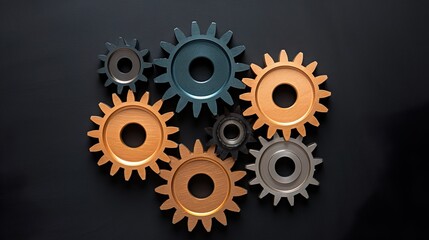 Steampunk mechanical gear teeth of a wheel on a dark background, top view