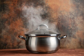 Steamy cooking pot on a brown table