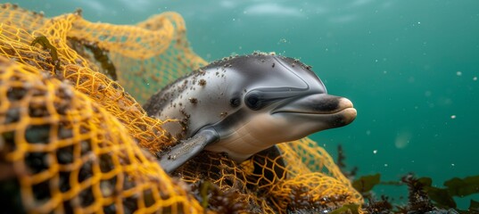 Underwater view of dolphin caught in fishing net highlighting human waste impact on marine life