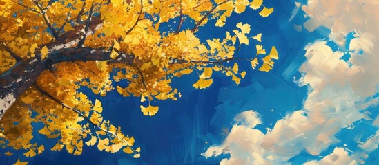 A painting showcasing a vibrant Ginkgo tree with yellow leaves standing against a majestic sky, capturing natures splendor in a radiant display.