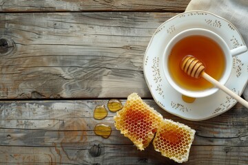 Studio photograph of a top down view of a wooden table adorned with a cup of tea honey wax and honeycombs - obrazy, fototapety, plakaty