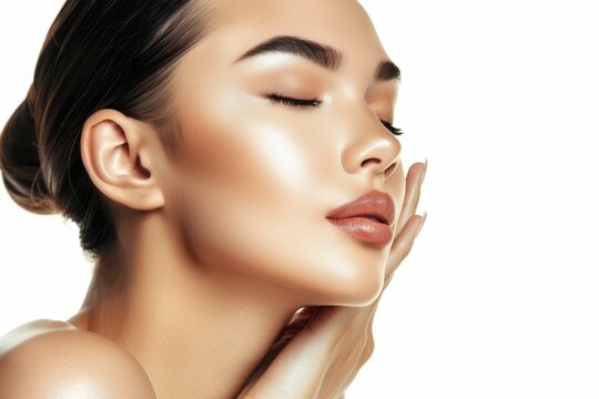 Studio portrait of a lovely Asian woman with flawless skin representing face care and spa