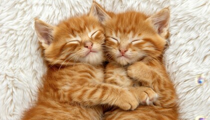 Adorable cat couple sleeping and hugging on white fluffy bed with copy space for text