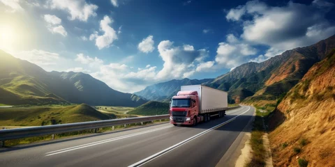 Crédence de cuisine en verre imprimé Gris Truck driving on the highway in the mountains. Transportation and logistics concept.