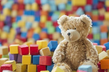 Teddy bear and colorful blocks on a kids toys background