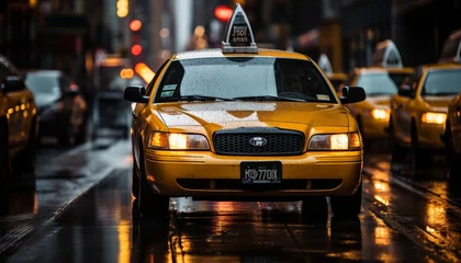 Keuken spatwand met foto Nighttime new york city street scene with yellow taxi cabs in motion blur  highquality 16k image © Ilja