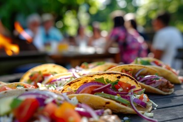 A group of tacos arranged neatly on a wooden table, ready to be enjoyed by friends.
