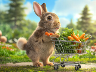 A cute bunny with soft brown fur joyfully carries a cart of fresh green veggies, especially carrots, in a beautiful setting. It showcases nourishing and delicious foods, encouraging a wholesome