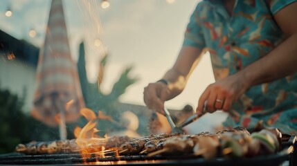 A man cooks food on a grill at a poolside party. - obrazy, fototapety, plakaty
