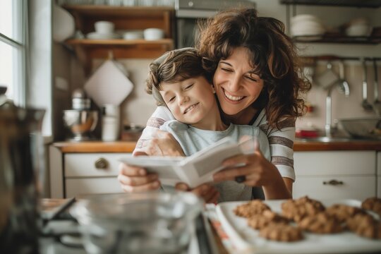 Happy mother smiling and hugging child while looking at a recipe book together.