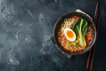 Top view of a bowl of Miso Ramen consisting of Asian noodles egg pork and pak choi cabbage on a dark background - obrazy, fototapety, plakaty